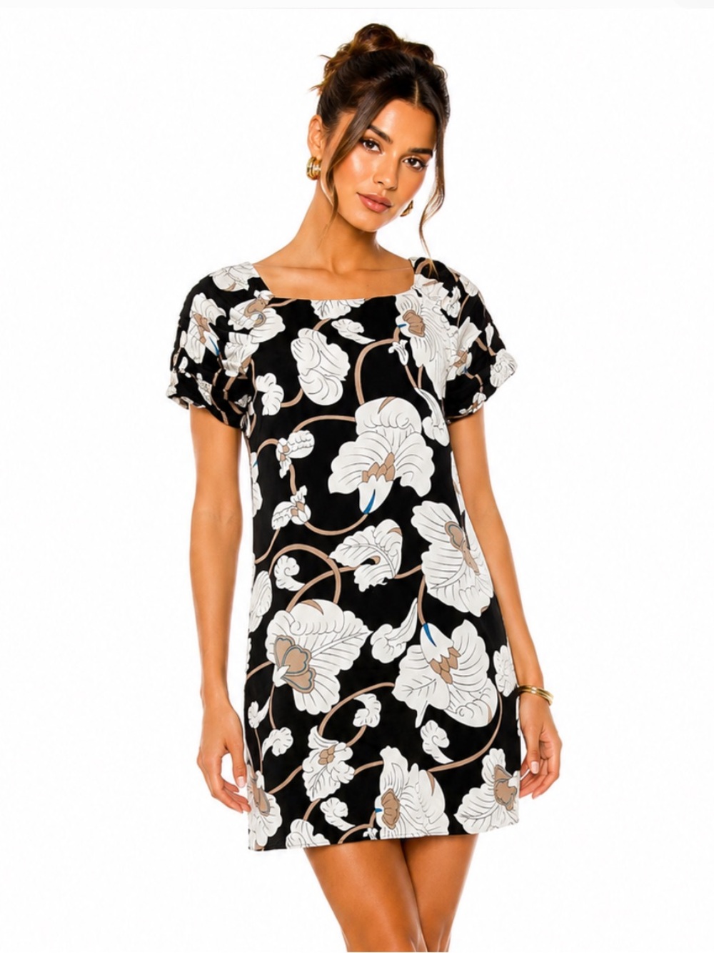 VINTAGE TIBI 100% Silk Black Floral Short-Sleeve Shift Dress